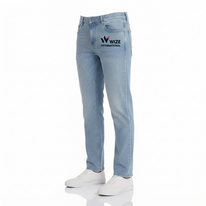 Jean en denim coupe droite bleu clair pour homme WIZE INTERNATIONAL, taille haute, fermeture boutonnée, décontracté, respirant, 100 % coton, style été - Product Image 3