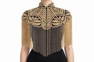 Women's Cape <b>Top</b> Black and Gold with Hand Beaded Embellishment and Fringe Detailing High Neck Overlay - Product Image 1