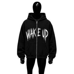 เสื้อฮู้ดซิปสีดำ พิมพ์ลาย Wake Up สไตล์สตรีทแวร์ เสื้อฮู้ดซิปเต็มตัวสำหรับผู้ชาย แฟชั่นลำลองแนว Urban สำหรับฤดูหนาว - Product Image 1