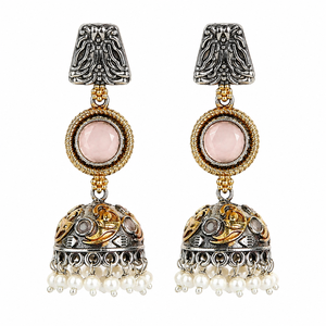 Pendientes de Araña Bicolor Oxidados al por Mayor |   Pendientes de Perlas de Piedra Monalisa, Estilo Vintage con Flores, Joyería Étnica para Bodas - Product Image 1
