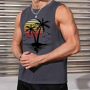 Camiseta sin mangas gris para hombre con estampado de palmeras y puesta de sol, cuello redondo, informal, transpirable, ropa deportiva - Product Image 2