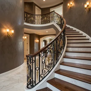 Luxury Rose Gold Stair Railing with Ornate Floral Design Wooden <b>Handrail</b> and Marble <b>Steps</b> for Modern Home Interior - Product Image 2