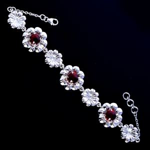 100% Pure Solid 925 Sterling Silver <b>Bracelet</b> With Garnet Gemstone Diamond Flower Design <b>Bangle</b> Fine Jewelry For Women's Gifting - Product Image 3