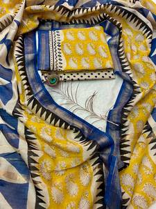 Elegante conjunto de traje Maheshwari de seda estampado a mano con dupatta de seda y pantalón de algodón cambray, ropa tradicional. - Product Image 1