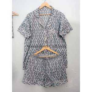 Conjunto de Pijama de Algodón con Estampado a Mano, Estilo Canguro, Hecho en India, Vintage, Hermoso, Ropa de Dormir Corta para Otoño, Verano y Primavera - Product Image 1