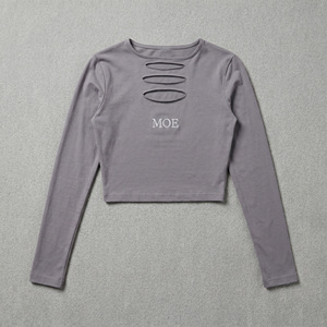 Long Sleeve <b>Cropped</b> Blouse Cut-Out Detail women's shirt OEM Custom Logo Front Hollow Design O-Neck <b>Top</b> High Quality 100% Cotton - Product Image 3