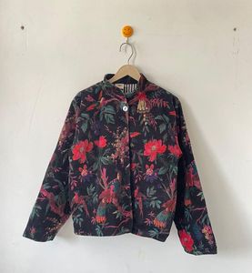 <b>Velvet</b> Embroidered Quilted Reversible Blouson <b>Jacket</b> with Floral Pattern Full Sleeve V-neck Winter Women's <b>Jackets</b> Floral Design - Product Image 1
