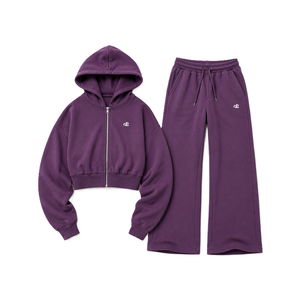 Ensemble de sweats à capuche zippés courts en polaire premium pour femmes et pantalons de survêtement à jambes larges, broderie de logo personnalisée, vente en gros, fournisseur OEM de streetwear - Product Image 5