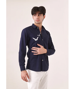 Camisa de Lino de Alta Calidad para Hombre, Manga Larga, Bordado de Aves, Corte Ajustado Informal, con Botones, Cómoda para el Verano, Fiestas, Club, Oficina - Product Image 1