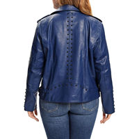 Veste de moto en cuir véritable bleu pour femme, veste de motard avec col zippé et manches cloutées, vêtement d'extérieur pour l'hiver