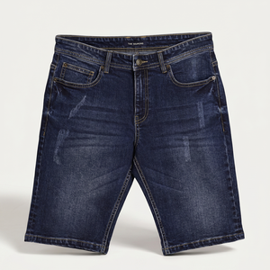Shorts en jean tissé pour homme, décontractés, taille mi-haute, fermeture boutonnée, bleu uni délavé, avec logos, style workwear, streetwear d'été - Product Image 1