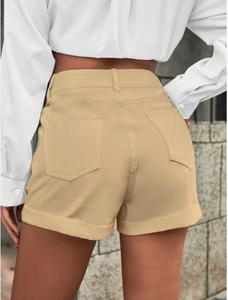 White Cropped Blouse With Beige High Waist Shorts <b>Set</b> Casual Summer Outfit Womens Fashion - Product Image 2