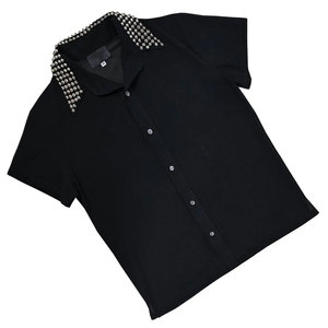 Custom <b>Men's</b> Black Gothic Button Down Shirt with Silver <b>Studded</b> Collar Skull Back Design Short Sleeve Street wear - Product Image 2