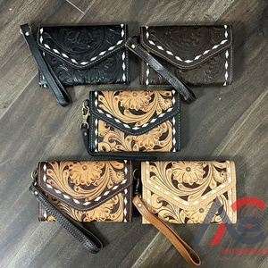 Factory Direct Fashion Western Style Genuine Cowhide Leather Cowgirl Wallet Floral Pattern <b>Wristlet</b> Clutch for Travel Organizers - Product Image 1