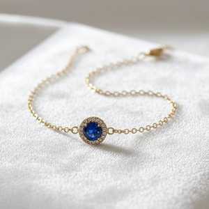 Pulsera de Zafiro Azul Real con Halo, Plata de Ley 925, Chapado en Oro de 14K, Joyería Delicada con Piedra Preciosa de Nacimiento de Septiembre - Product Image 1