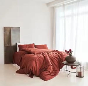 3 Piece Solid Red Linen Duvet Cover Set Soft Stonewashed <b>Bedding</b> for Home - Product Image 3