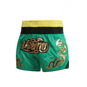 Men's Black Satin Muay Thai Shorts With Gold Embroidery High Waist <b>Elastic</b> Closure Casual Style - Product Image 2