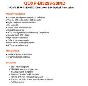 Módulo Transceptor Óptico Industrial GOXP BI3296 40 IND 10G SFP+ BiDi, 1330TX 1270RX, 40KM SMF DDM, Conector LC - Product Image 2