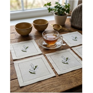 Servilletas de cóctel al por mayor con bordado de lirio del valle, posavasos de algodón y lino con dobladillo, decoración de mesa para el hogar, bodas, bares y eventos. - Product Image 1