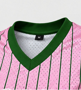 Camiseta de Fútbol Personalizada para Mujer, Color Rosa, con Malla a Rayas, Cuello en V, Manga Corta, Uniforme de Verano para Equipo - Product Image 2