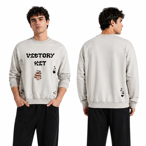 Custom Mens Distressed Crewneck Sweatshirt Vintage Ripped Pullover Streetwear Casual Cotton Blend Hoodie Style Top - Product Image 1