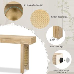 Console étroite avec accents en rotin, miroir et tiroirs de rangement pour entrée, table de canapé rustique élégante avec finition en bois naturel - Product Image 4