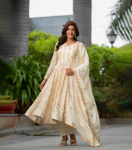 Vestido Largo Anarkali de Seda Estilo Indio Tradicional PinkCityBlocks, con Dupatta de Diseñador, para Fiestas, de Secado Rápido y Antiarrugas, para Mujer - Product Image 1