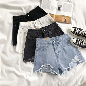<b>Women's</b> High Waist Denim Shorts Straight Leg Distressed Wash Cotton Casual Summer Style Solid Color Blue <b>White</b> Black - Product Image 6