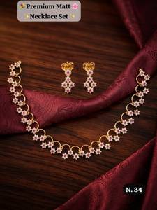 Elegant Matte Gold CZ Crystal Star Flower Chain <b>Necklace</b> Set Small Drop Earrings <b>Ruby</b> Pink Stone Minimalist Indian Jewelry - Product Image 3