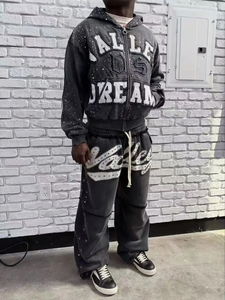 Ensemble de survêtement unisexe personnalisé noir avec fermeture éclair ornée de strass, sweat à capuche et pantalon streetwear coupe ample longueur intégrale pour l'automne - Product Image 6