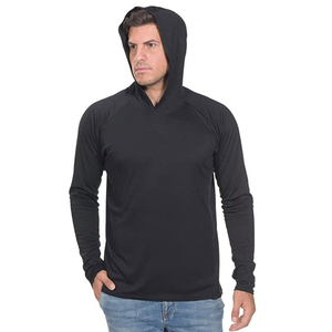 T-shirt à capuche à manches longues pour homme, noir, coupe ajustée, séchage rapide, tricoté en polyester, décontracté, couleur unie - Product Image 1