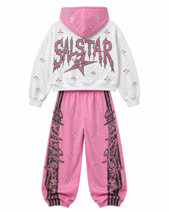 Ensemble survêtement Salstar pour homme : sweat à capuche blanc et pantalon de jogging rose, imprimé pailleté, style streetwear, coupe ample, longueur intégrale, tenue décontractée d'automne - Product Image 4
