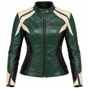 Darkry Womens Green Ivory <b>Black</b> Genuine Cowhide <b>Leather</b> Motorcycle <b>Jacket</b> <b>Ladies</b> Slim Fit Racing <b>Biker</b> Coat Sport Outerwear Gear - Product Image 1