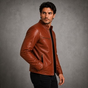Men <b>Leather</b> Biker <b>Jacket</b> Stylish Motorcycle Inspired Zip Up Front Stand Collar <b>Long</b> Sleeve Casual Outerwear with Modern Design - Product Image 2