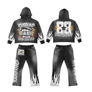 Custom Heavyweight <b>Oversized</b> Acid Wash Screen Printing Sleeve Embroidery Rhinestone Distressed <b>Sweatpants</b> and Hoodie Set - Product Image 2