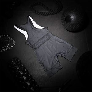 Maillot de lutte unisexe ajusté dégradé bordeaux et or, extensible, avec logo imprimé par décharge sur le devant, en nylon 140g, anti-humidité, pour le combat - Product Image 3