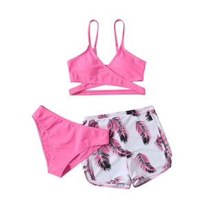 Ensemble croisé rose avec imprimé palmier, maillot de bain deux pièces pour femme à taille haute et col en V, haut et bas de bikini avec logo frontal - Product Image 3