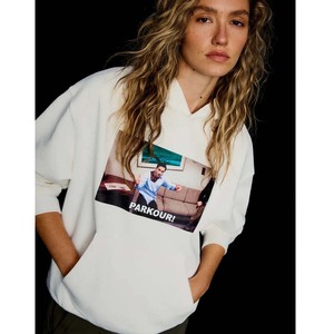 Women's Oversized Hooded <b>Sweatshirt</b> <b>White</b> Printed Cotton Knitted Autumn Wear Regular Sleeve Front Logo Pocket Design - Product Image 5