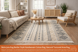 Tapis en jute et coton de style bohème berbère, tapis géométrique texturé fait main, tapis tissé naturel pour salon et chambre à coucher - Product Image 2