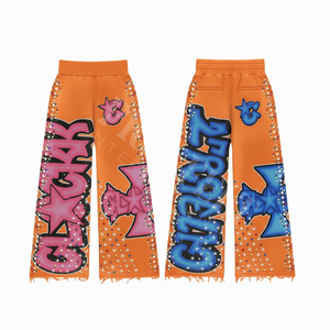 Fabricante de Ropa Urbana OEM ODM, Pantalones Personalizados con Estampado Puff y Dobladillo con Flecos, Cómodos Pantalones de Algodón y Poliéster - Product Image 3