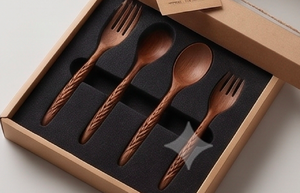 Wooden Flatware <b>Set</b> With Carved Handles Matte Finish <b>Reusable</b> Minimalist Design <b>Cutlery</b> For Camping Use And Hotel Use - Product Image 5