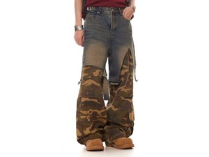 <b>Men's</b> <b>Camo</b> Patchwork Wide Leg <b>Cargo</b> <b>Pants</b> Street Style Denim Trousers - Product Image 1