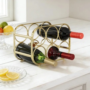 Porte-bouteilles à vin fonctionnel en métal noir avec dessus en bois, support circulaire pour 6 bouteilles, organisateur de rangement pour comptoir - Product Image 5