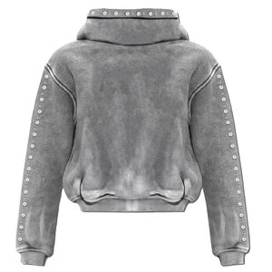 Sweat-shirt à capuche unisexe personnalisé, épais, gris délavé à l'acide, avec fermeture éclair, style vintage numérique, effet délavé, orné de strass et de manches cloutées, pour l'hiver - Product Image 5
