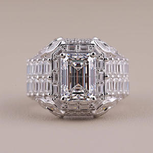 <b>Emerald</b> Cut Men's Iced Moissanite Hip Hop Cluster Halo Rhodium Plated 925 Sterling <b>Silver</b> Wedding Engagement Handmade <b>Ring</b> Gift - Product Image 1