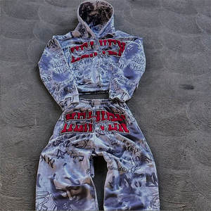 Ensemble de survêtement décontracté deux pièces pour homme, brodé, effet vieilli, 100 % coton, avec sweat à capuche zippé et pantalon de survêtement, personnalisable - Product Image 2