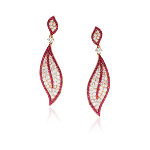 Rose Gold Plated Leaf <b>Drop</b> <b>Earrings</b> With Round Brilliant Cut Diamonds And <b>Red</b> Gemstones For Women Party Jewelry - Product Image 1