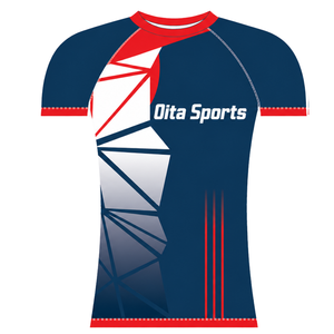Maillot de compression athlétique à manches courtes bleu marine, rouge et blanc, col ras du cou, motif géométrique, pour entraînement de performance et sports nautiques - Product Image 1