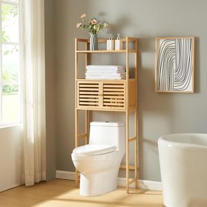 Luxury Blonde Teak Wood Over Toilet <b>Cabinet</b> Slatted Shutter Doors 3 Tier Restroom Organizer Shelf - Product Image 1