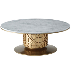 Modern <b>Round</b> Coffee <b>Table</b> with Bianco Carrara Marble Top and Mughal Inspired Lattice Gold Base for Living Room Villa Furniture - Product Image 1